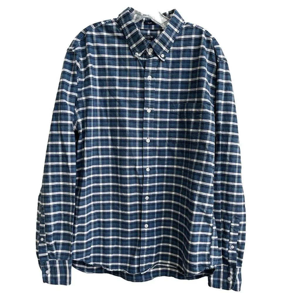 J. Crew Men's Adult Sz XL Button Shirt Long Sleeve Blue Gingham Flex Oxford Slim
